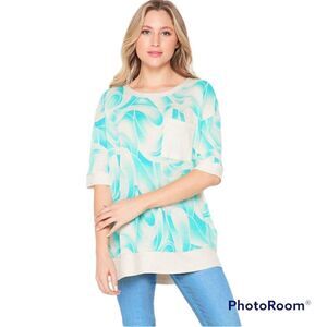 HoneyMe Bahama Mama TURQUOISE AND Cream ELBOW LENGTH oversized Top